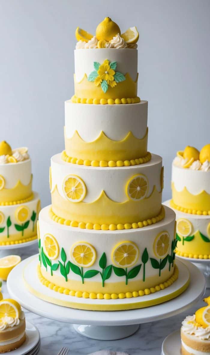 A four-tiered white cake decorated with yellow and green icing, featuring lemon slices, yellow flowers, and topped with whole lemons. Smaller matching cakes and lemon-themed cupcakes surround the main cake.