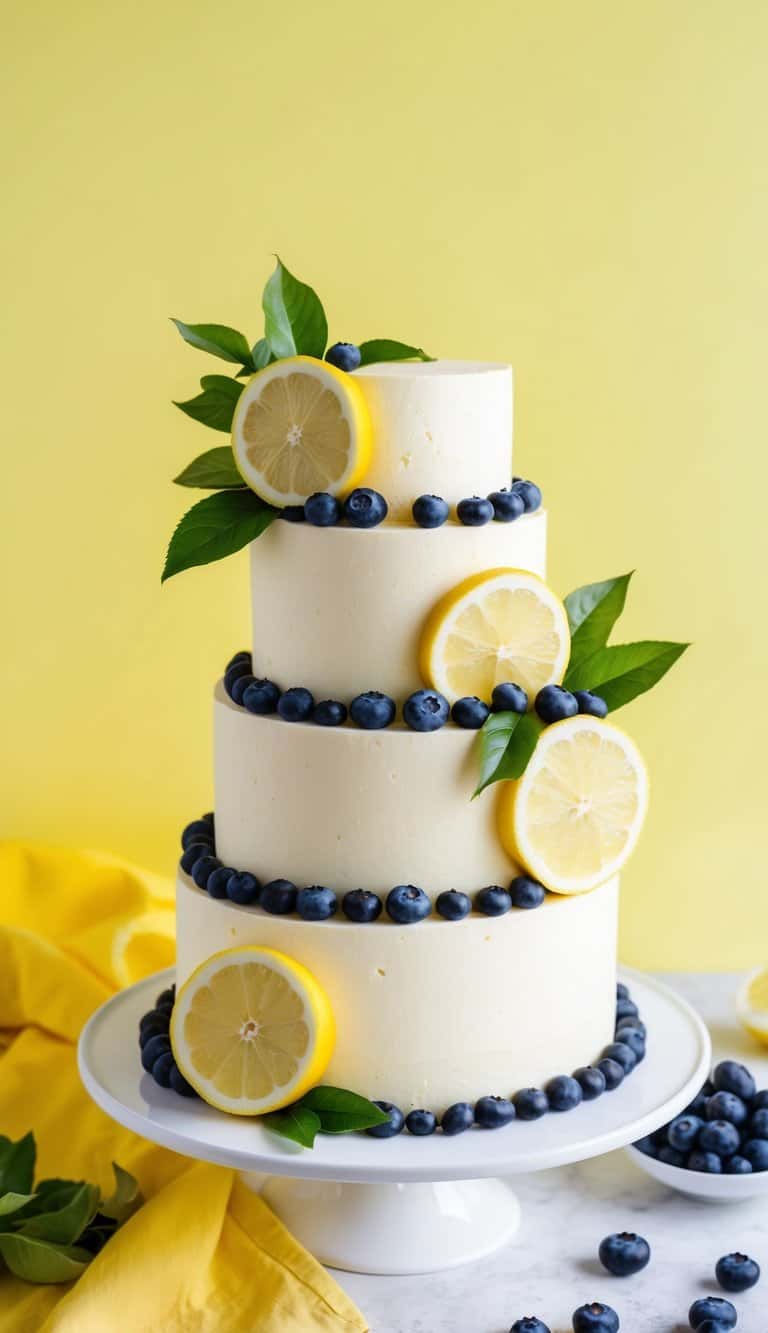 A vibrant lemon-themed cake adorned with fresh blueberries and zesty lemon slices, set against a bright yellow backdrop