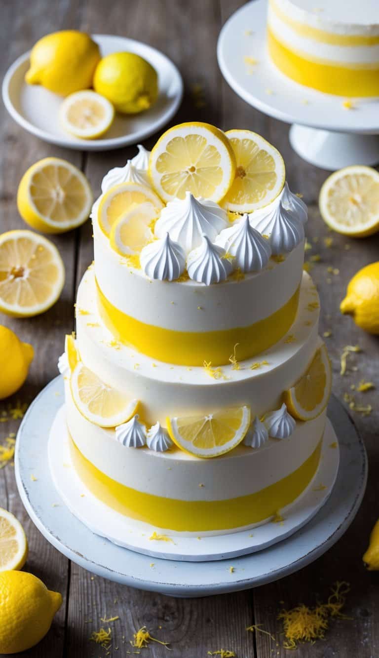 A vibrant lemon-themed cake adorned with meringue and lemon slices sits on a rustic wooden table, surrounded by fresh lemons and a scattering of lemon zest