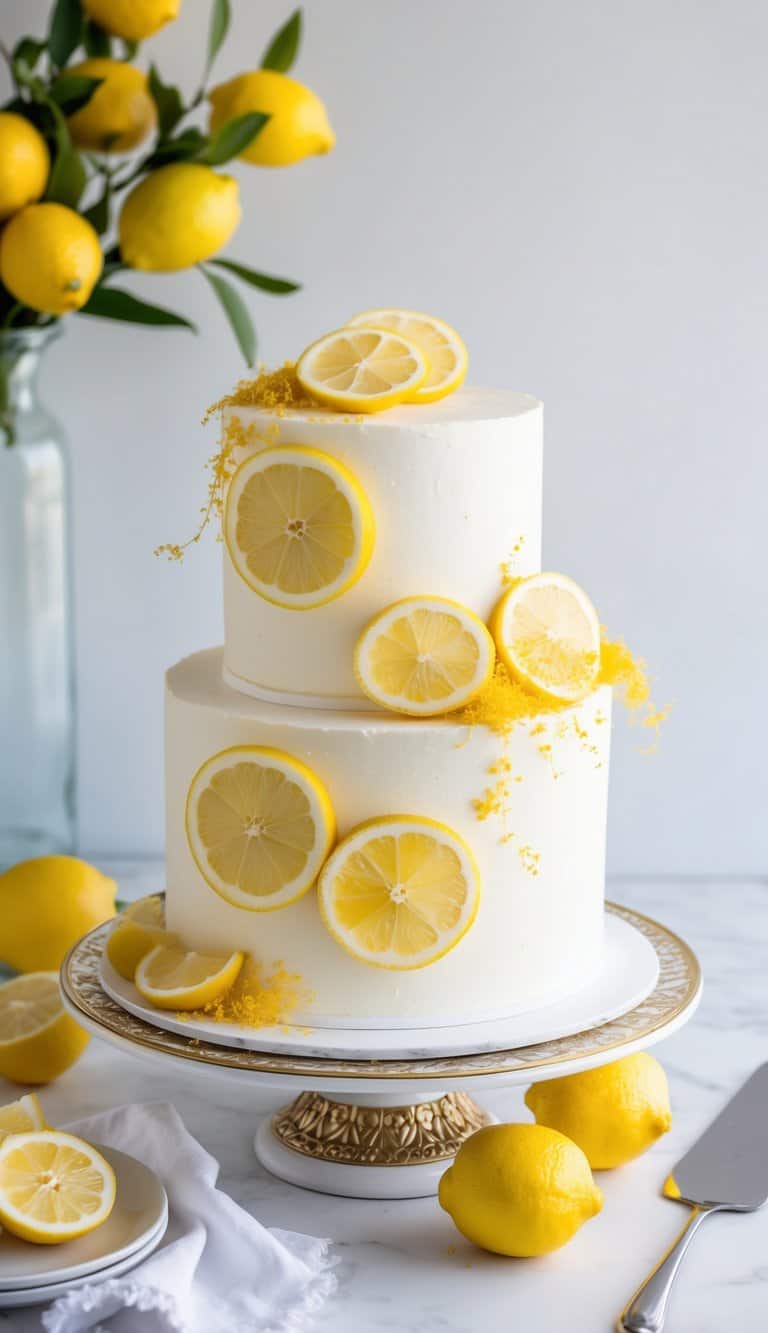 A vibrant lemon-themed cake adorned with fresh lemon slices and zest, set on a decorative cake stand
