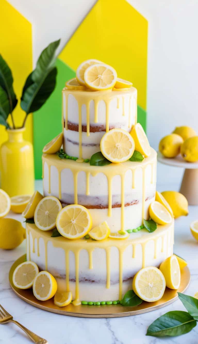 A lemon glaze drizzled cake surrounded by vibrant yellow lemons and lemon slices, with a backdrop of bright yellow and green accents