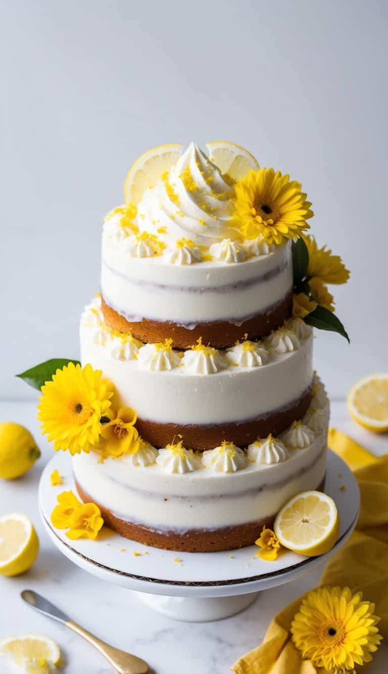 A vibrant lemon pound cake topped with whipped cream and lemon zest, surrounded by lemon slices and vibrant yellow flowers