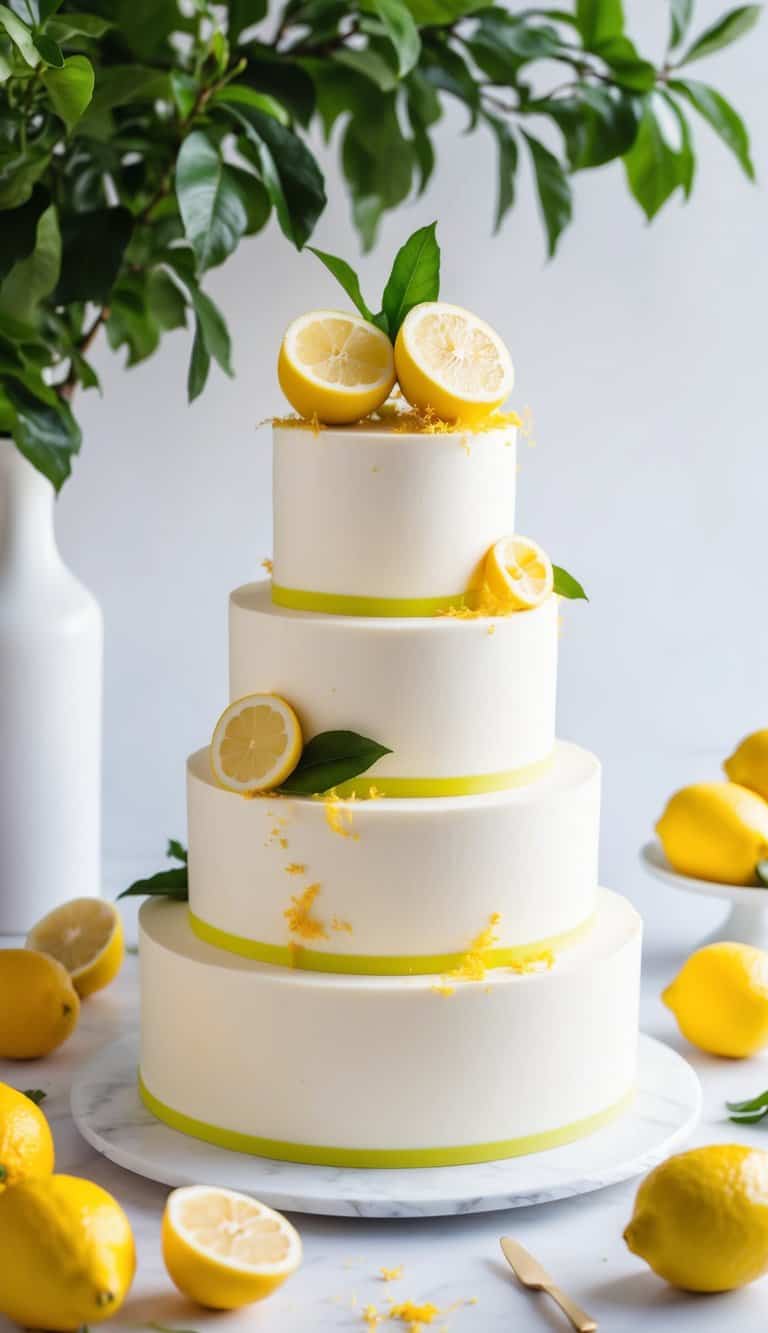 A vibrant lemon-themed cake surrounded by fresh lemons, lemon zest, and colorful decorations, evoking a bright and zesty atmosphere