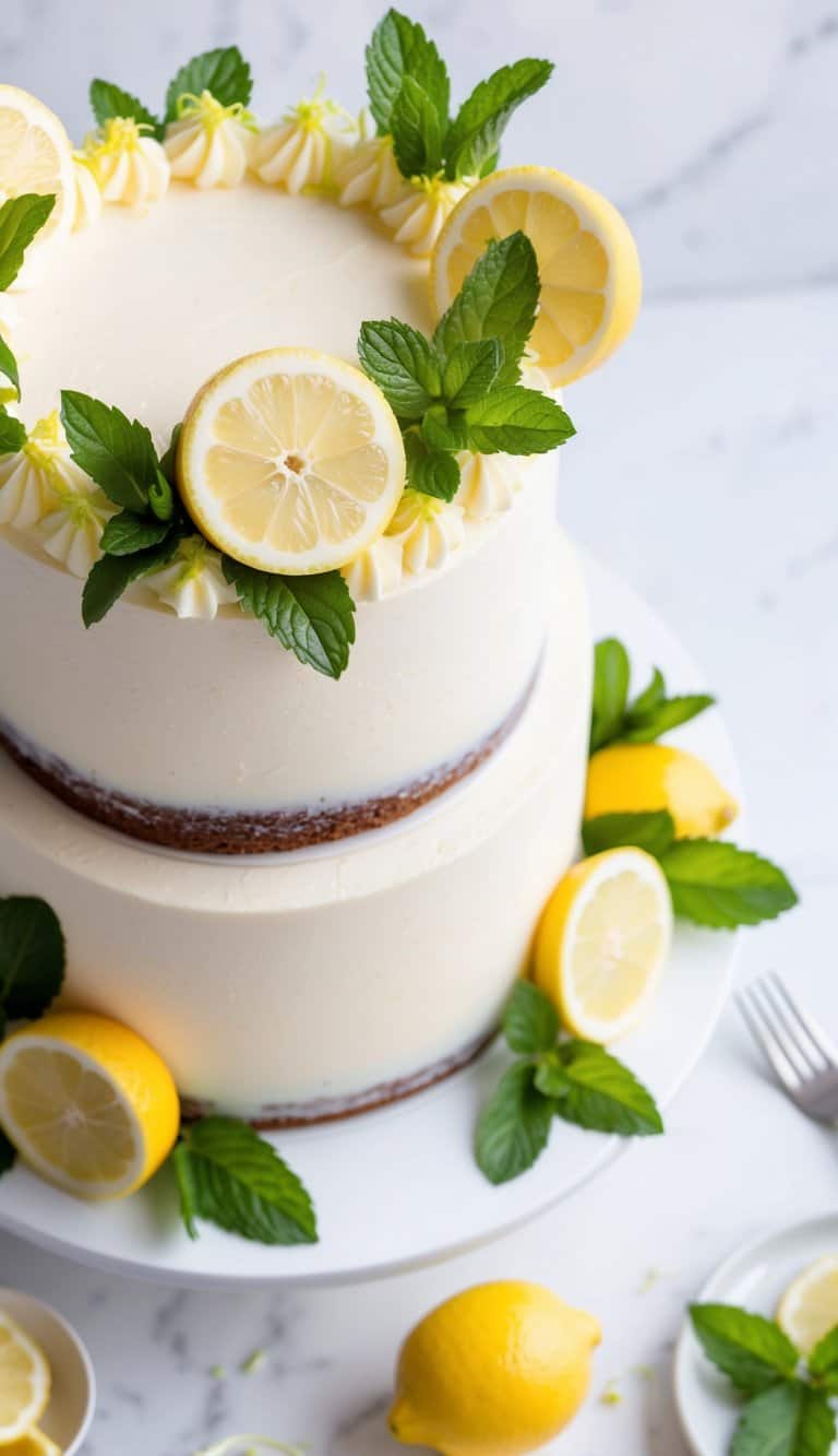 A lemon and mint aroma cake surrounded by vibrant lemon-themed decorations and fresh mint leaves