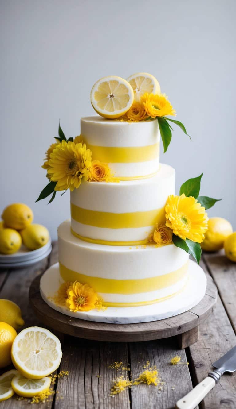 A vibrant lemon-themed cake adorned with fresh Meyer lemons, lemon zest, and yellow flowers on a rustic wooden table