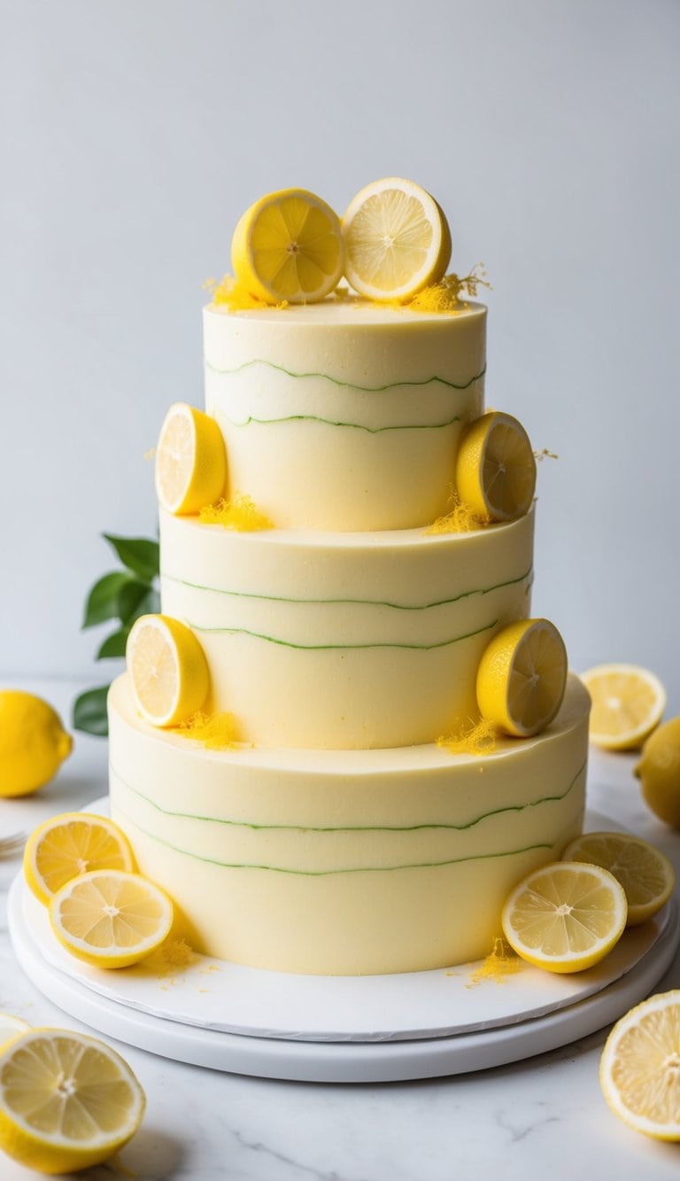 A vibrant lemon fault line cake surrounded by lemon slices and zest, with a bright yellow frosting and decorative lemon accents