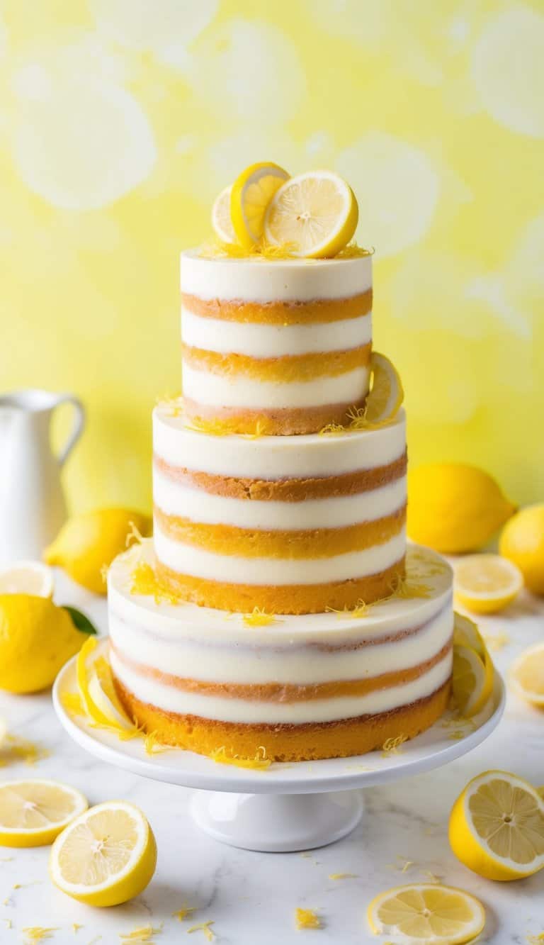 A vibrant lemon slice layered cake surrounded by scattered lemon zest and slices, with a bright yellow background