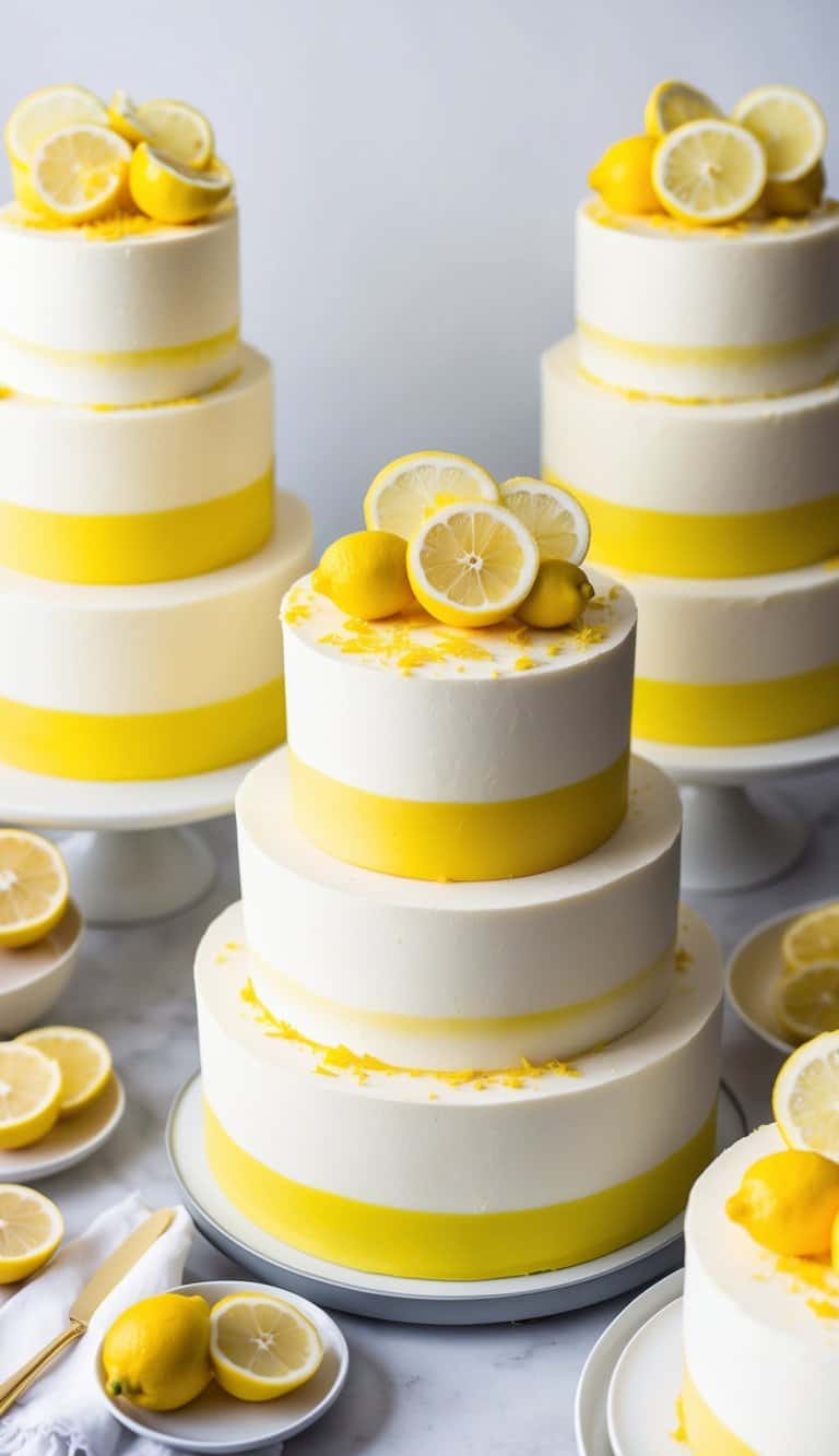 A table filled with vibrant lemon-themed cakes, topped with sugared lemon slices and garnished with zest and bright yellow frosting