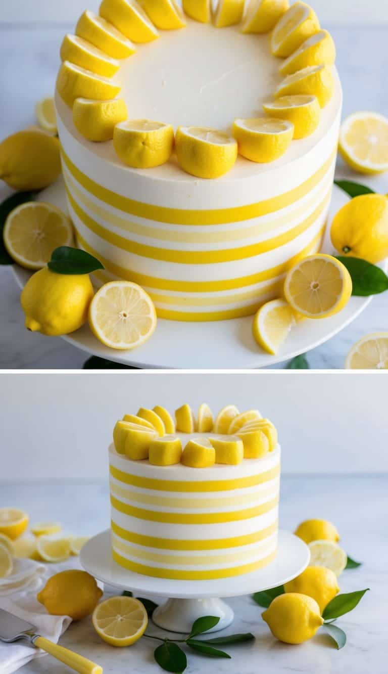 A vibrant lemon stripe pattern cake surrounded by fresh lemons and lemon slices, with a zesty and colorful decor