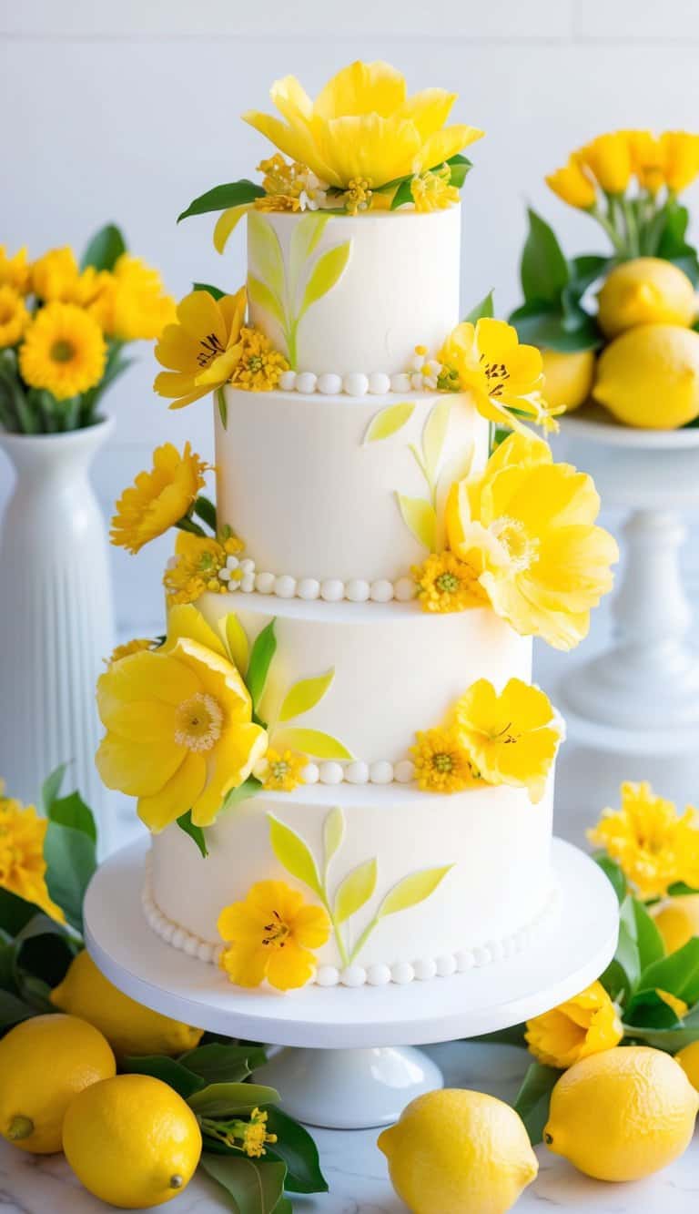 A vibrant lemon flower cake surrounded by fresh lemons and vibrant yellow flowers, creating a bright and cheerful springtime scene