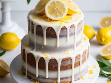 A two-tier naked lemon cake with white glaze dripping down the sides, topped with lemon slices, is displayed on a white cake stand surrounded by whole and halved lemons.