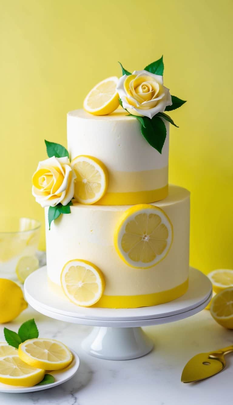 A vibrant lemon-themed cake adorned with buttercream roses and lemon slices, set against a bright yellow backdrop