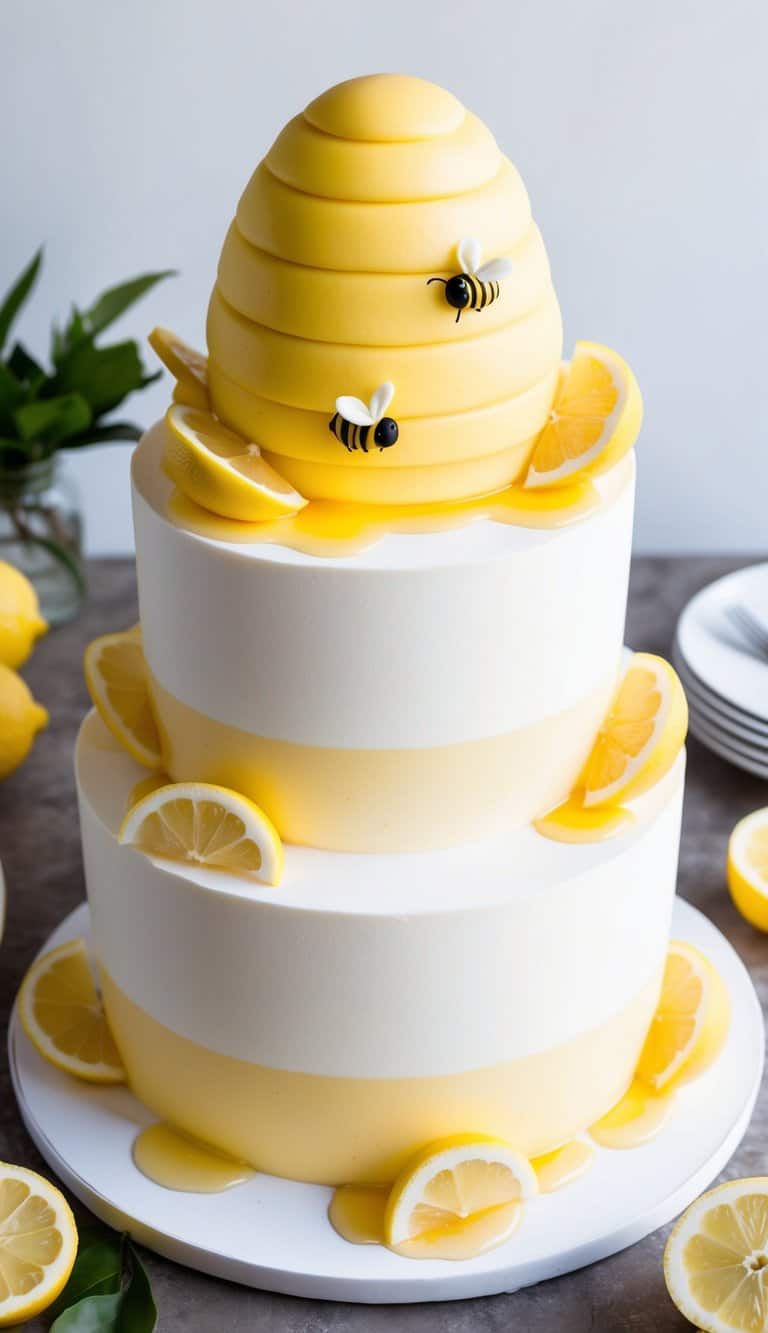 A buzzing beehive-shaped lemon cake surrounded by lemon slices and honey drizzle