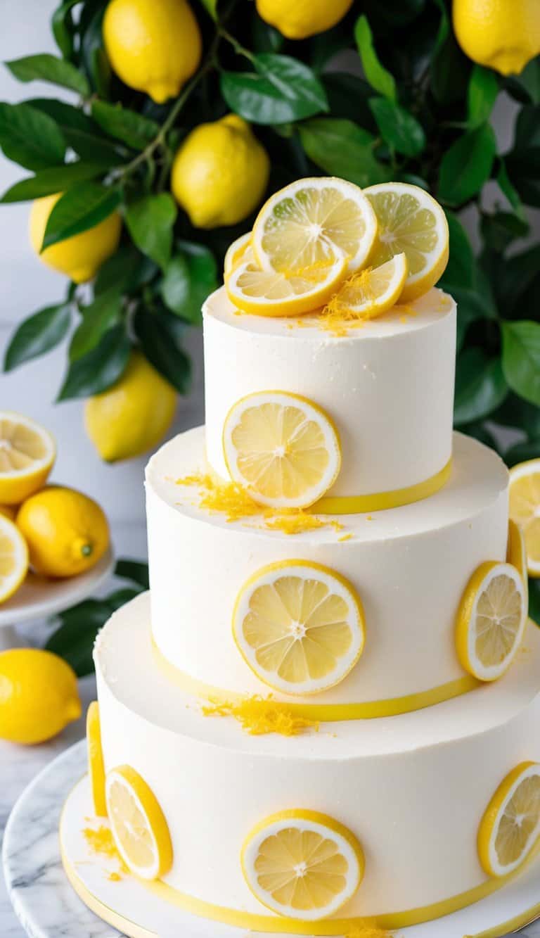A vibrant lemon-themed cake adorned with candied lemon slices and zest, set against a backdrop of fresh lemons and green foliage