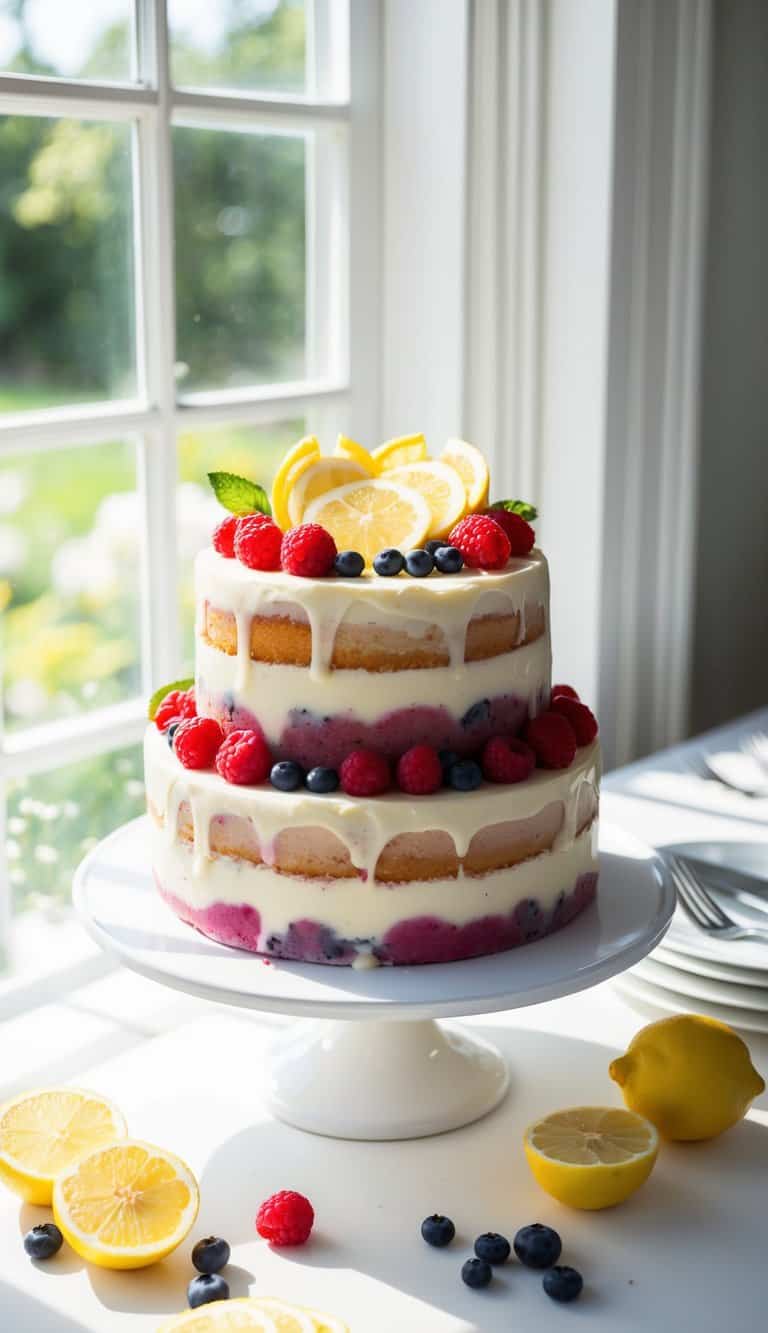 A vibrant lemon berry cake sits on a white stand, surrounded by fresh berries and lemon slices. Sunshine streams through a window, casting a warm glow on the dessert