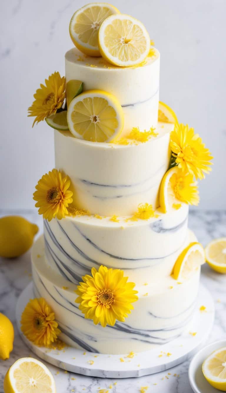 A lemon marble cake with vibrant yellow frosting and slices of fresh lemon on top, surrounded by scattered lemon zest and vibrant yellow flowers