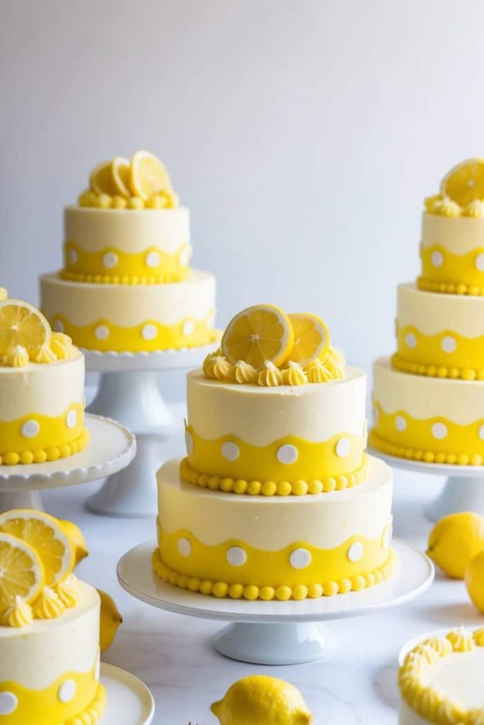 A group of yellow and white two-tiered cakes decorated with lemons and lemon slices, displayed on white cake stands with fresh lemons and gold forks on a white surface.