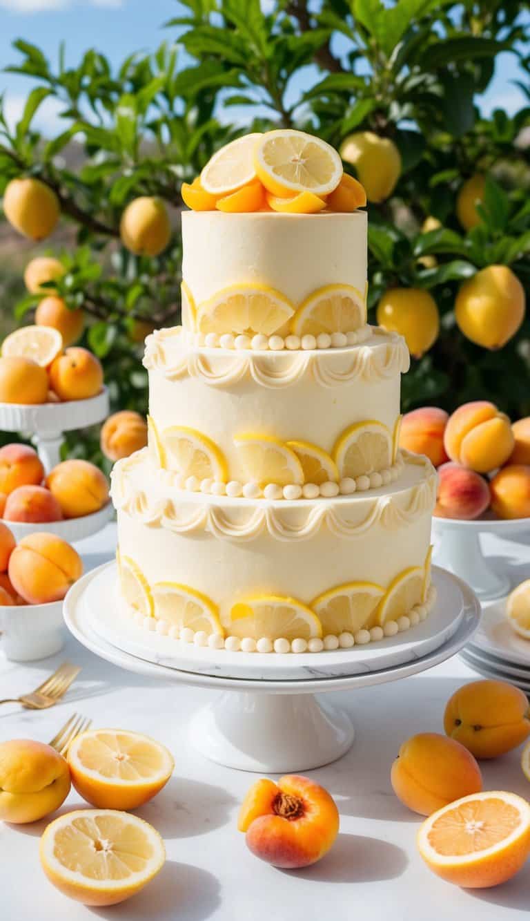 A vibrant lemon apricot cake surrounded by lemon slices and apricots, with a backdrop of lemon trees and a sunny sky