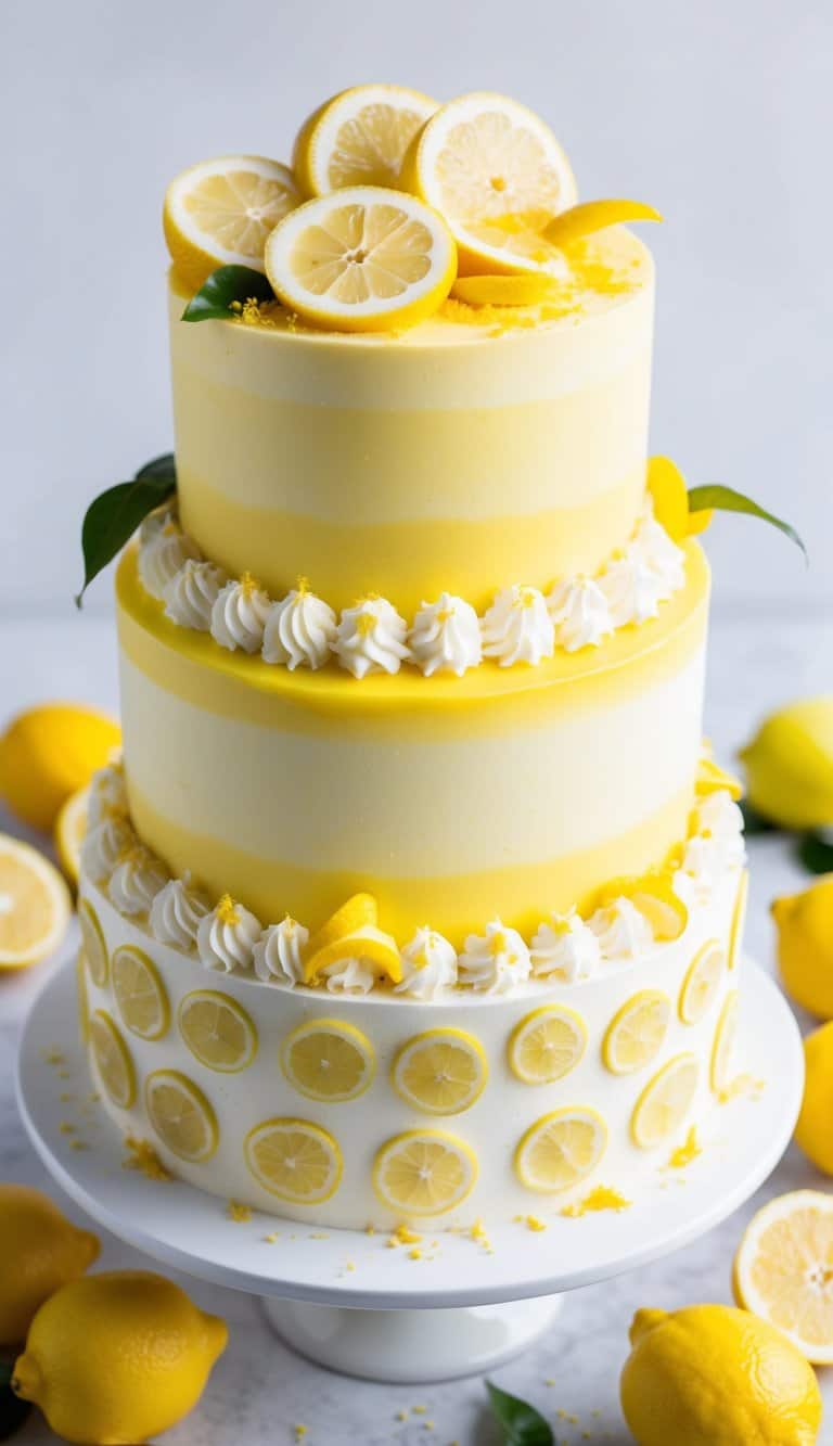 A vibrant citrus cake surrounded by fresh lemons and lemon zest, with a bright yellow icing and decorative lemon slices on top