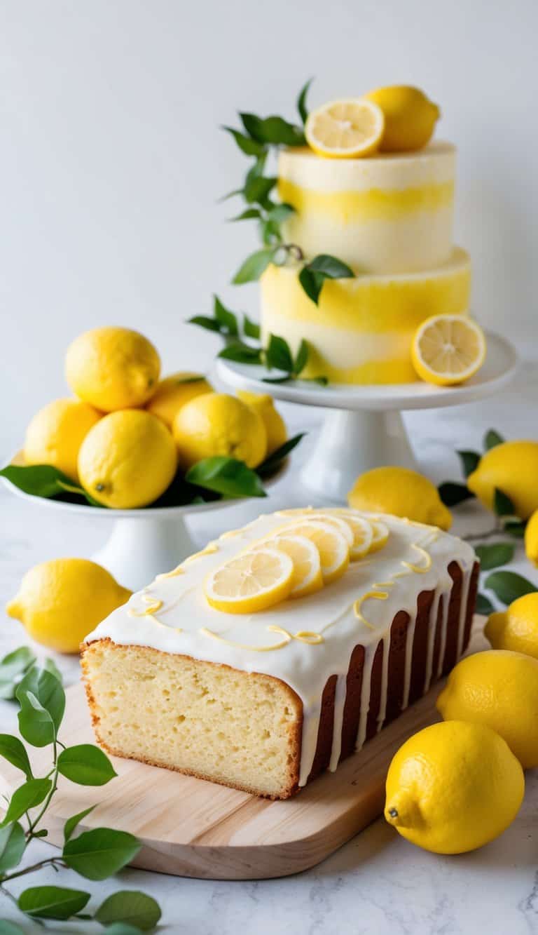 A rustic lemon loaf cake surrounded by vibrant yellow lemons and green foliage, with a bright yellow lemon-themed cake in the background