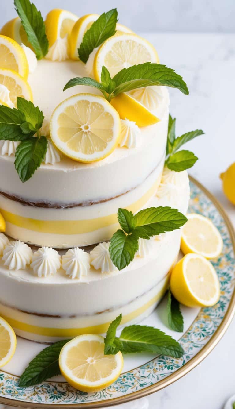 A vibrant lemon-themed cake adorned with fresh mint leaves and lemon slices on a decorative platter