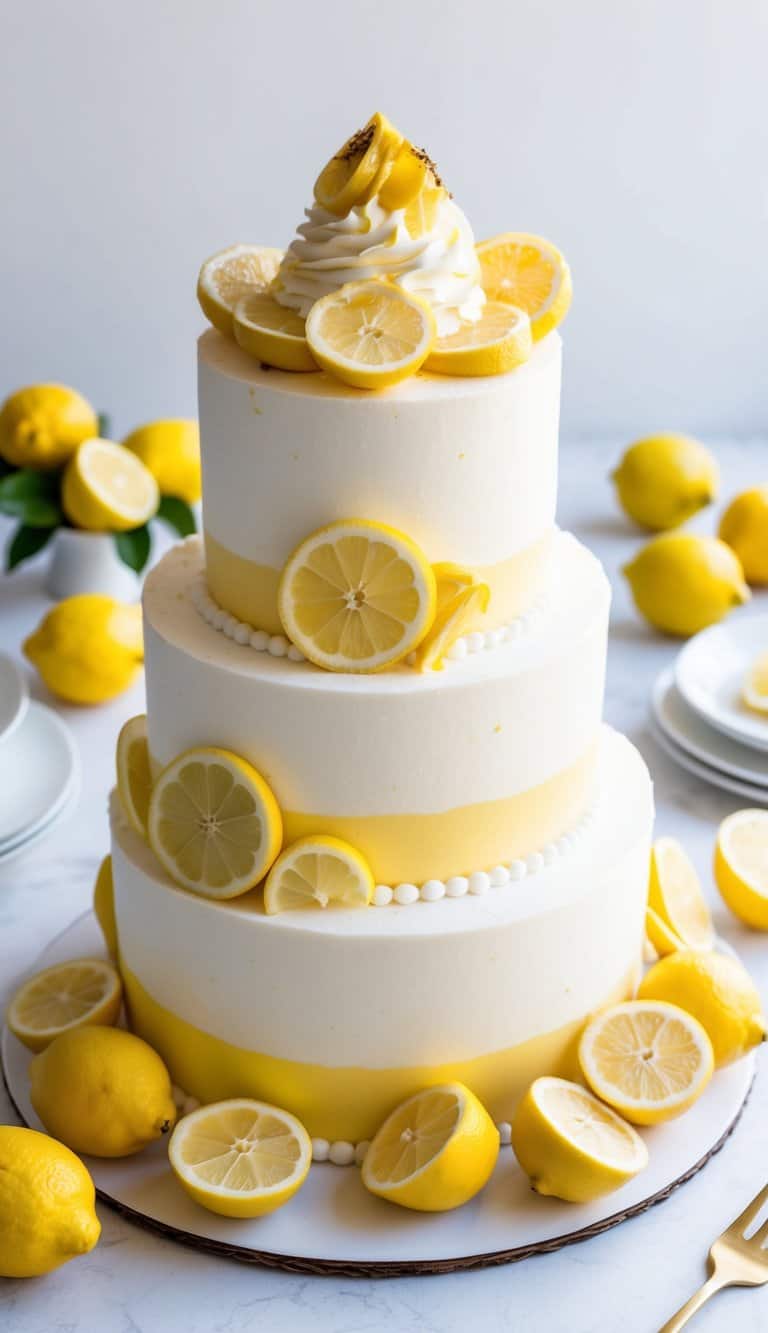 A vibrant lemon-themed cake surrounded by fresh lemons and lemon slices, with a dollop of roasted lemon frosting on top
