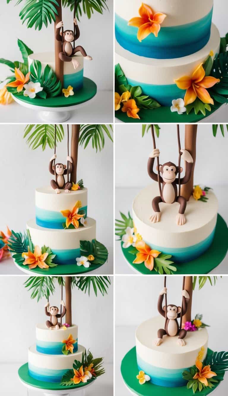 A vibrant jungle scene with playful monkeys swinging from tree to tree, surrounded by colorful tropical flowers and foliage