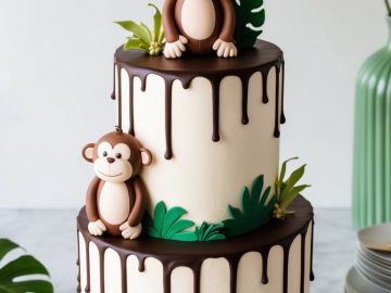 A two-tier cake with white icing, chocolate drip, green leaves, and two fondant monkeys—one on each tier. The cake is decorated with tropical foliage and set on a green base.