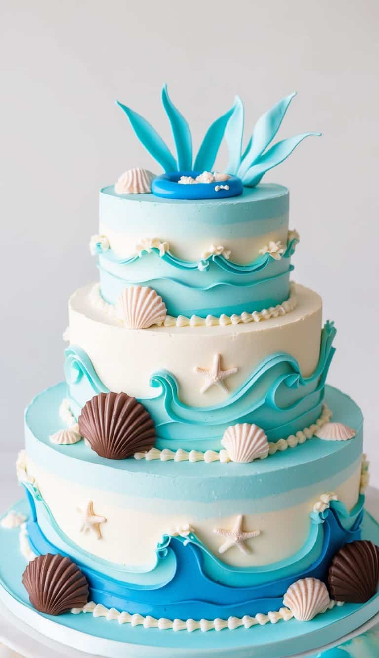 A pool party cake with chocolate seashells, edible floaties, and waves