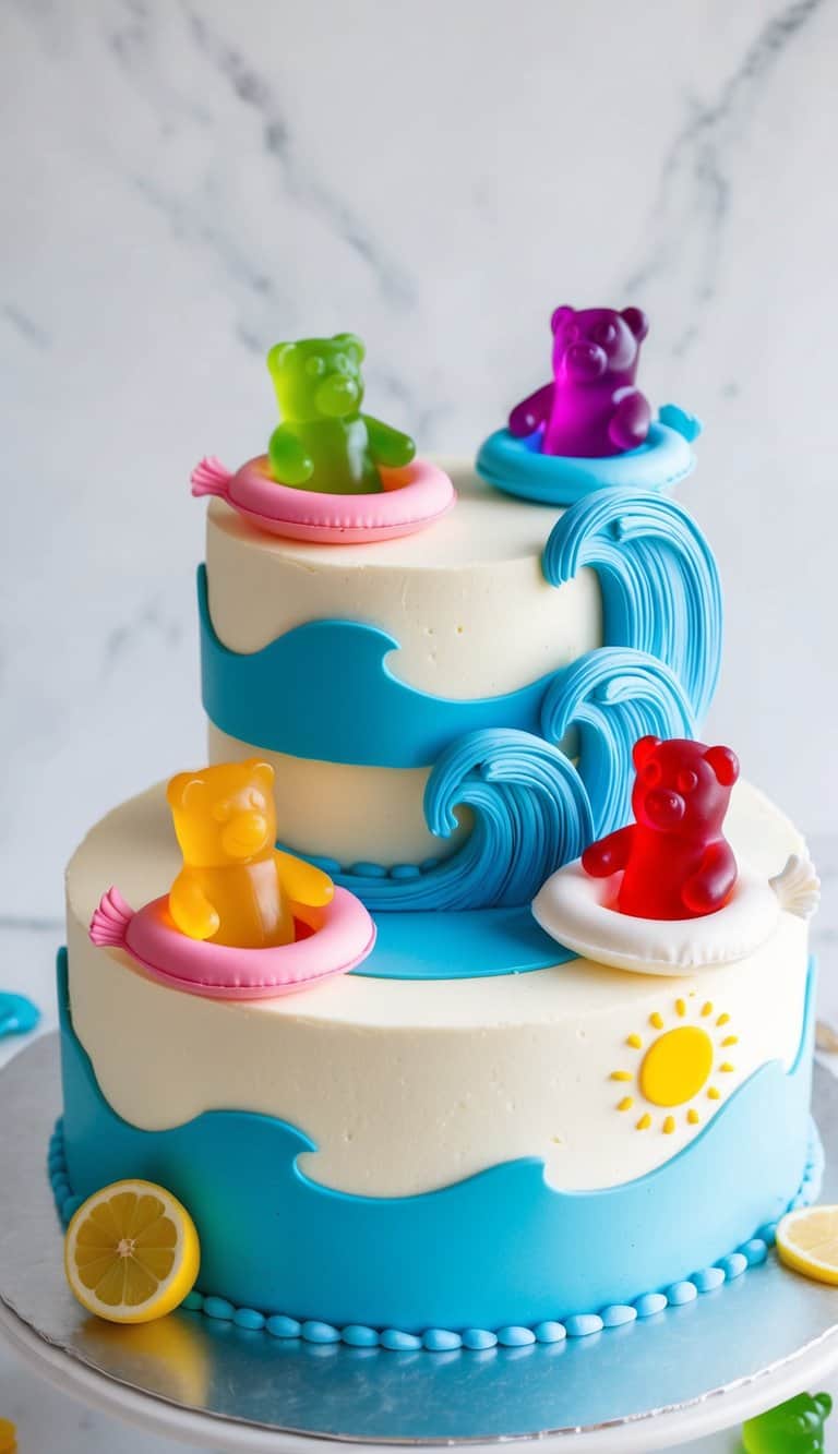 Gummy bears lounging on edible floaties by the pool, surrounded by wave decorations on a fun and summery cake