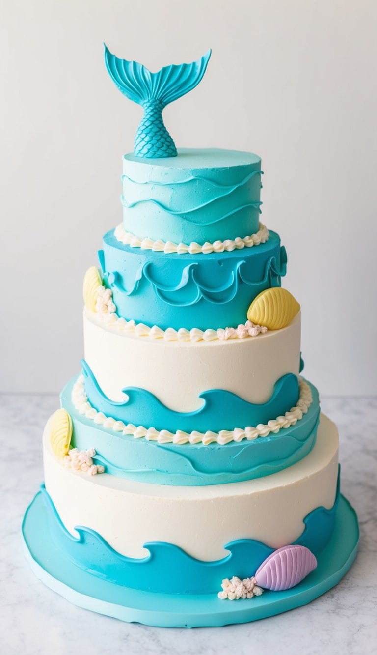A pool party cake adorned with edible mermaid tails, floaties, and waves
