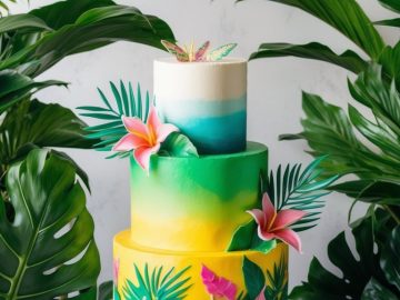 A three-tiered tropical-themed cake decorated with colorful gradients, edible leaves, and vibrant flowers, displayed on a white stand amid lush green foliage.