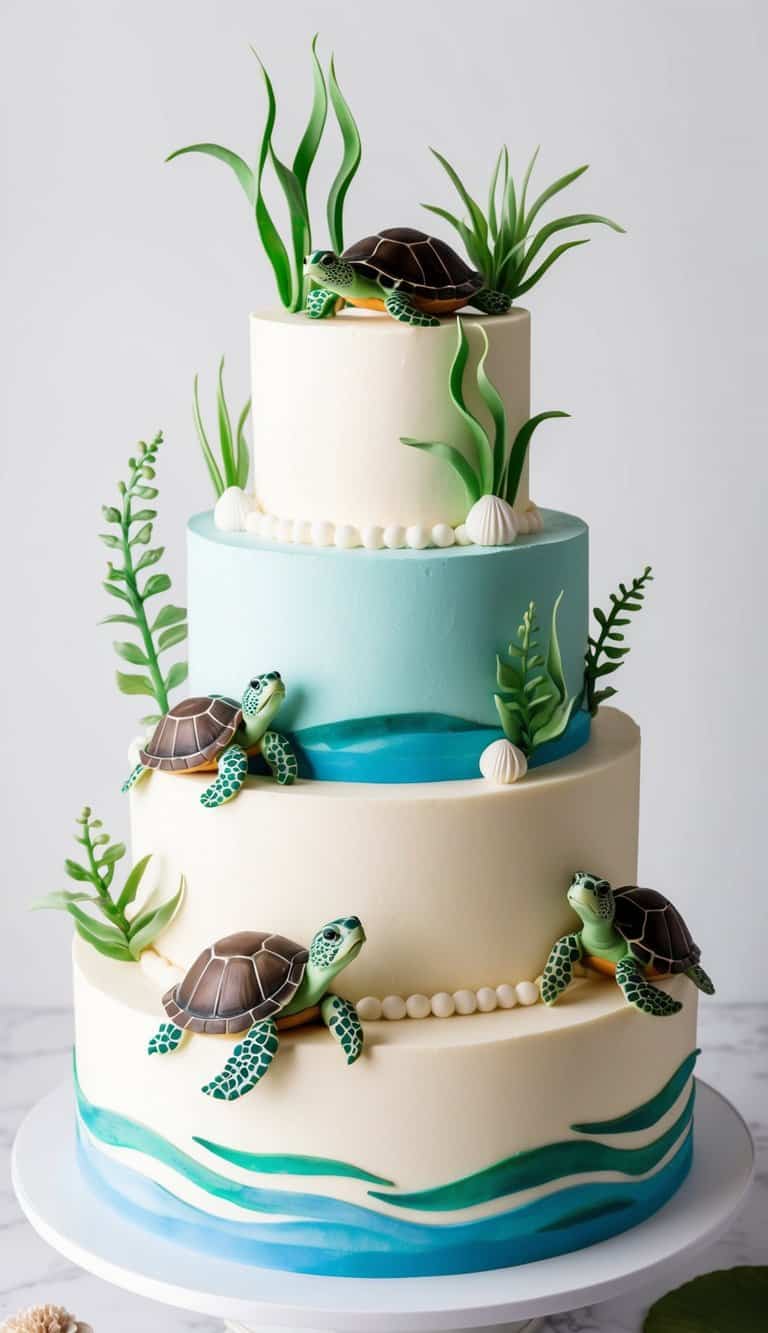 A group of sea plants and turtles decorating a cake