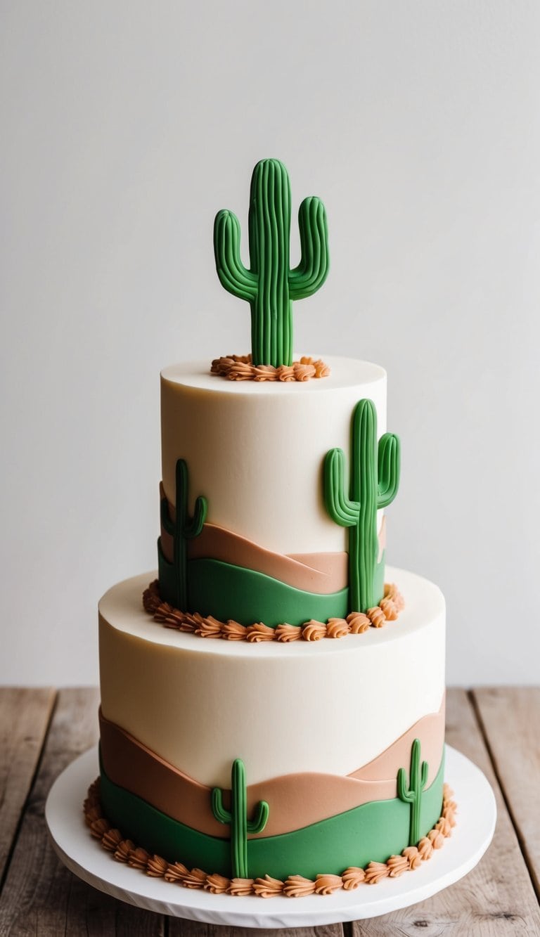 A desert landscape with cactus-shaped fondant decorations adorning a western-themed cake