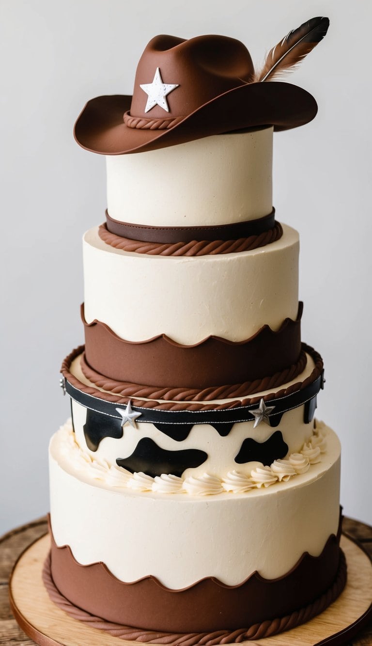 A cowgirl hat with a feather sits atop a western-themed cake, surrounded by other cowboy-themed decorations