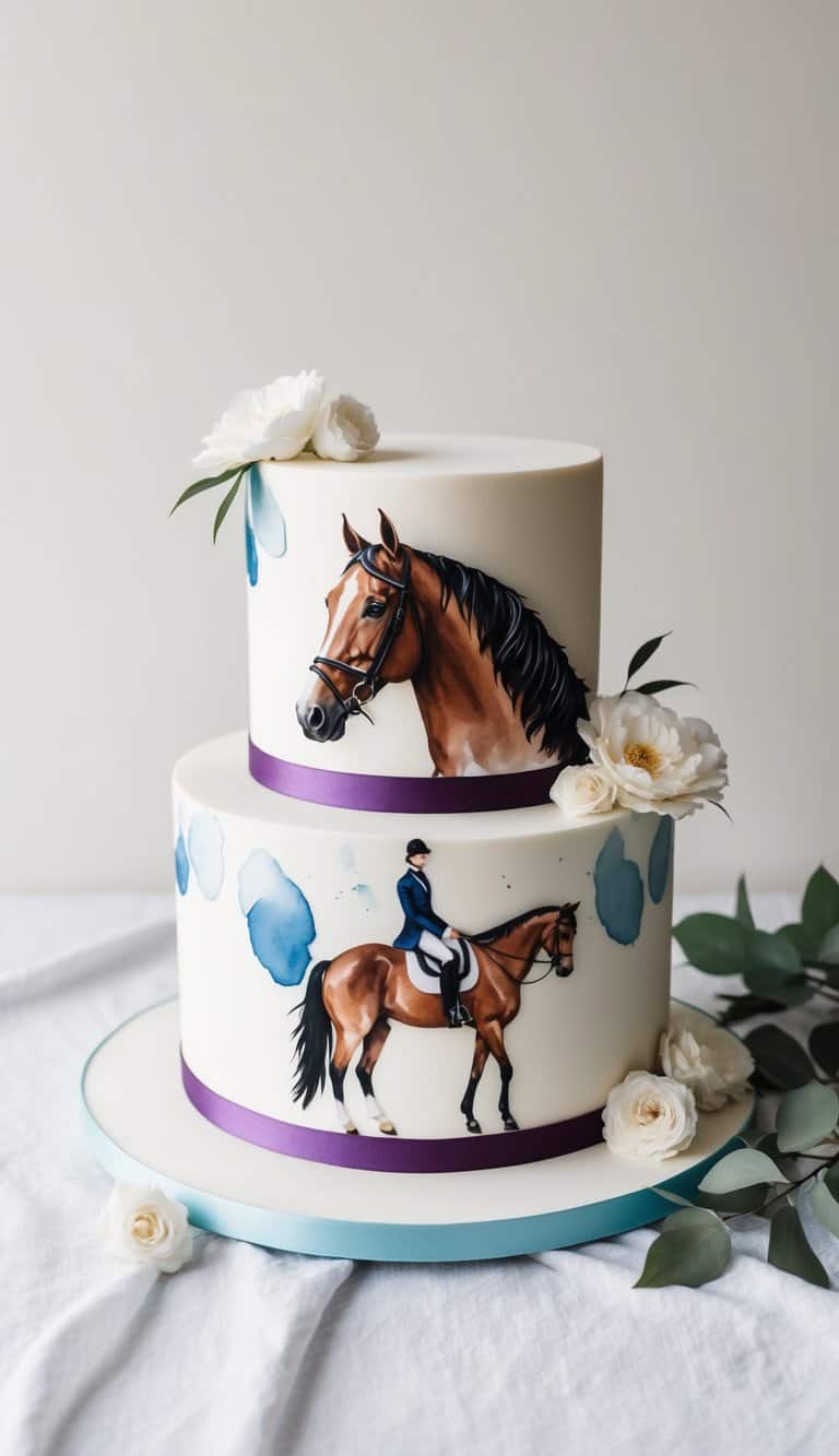 A majestic horse-themed cake adorned with watercolor designs and equestrian elements, surrounded by equestrian-themed decorations