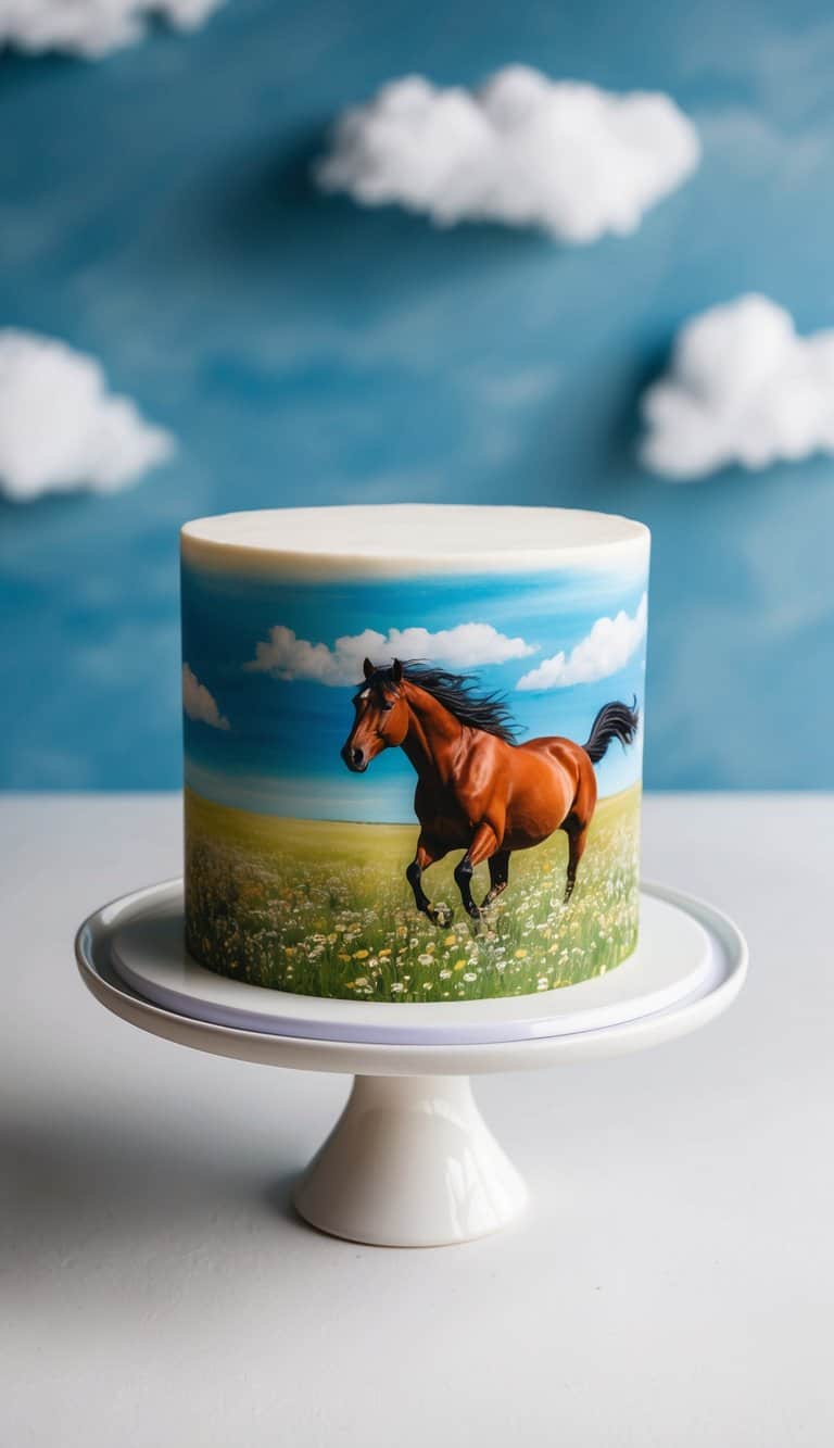 A wild mustang galloping through a field of flowers, with a blue sky and fluffy white clouds in the background