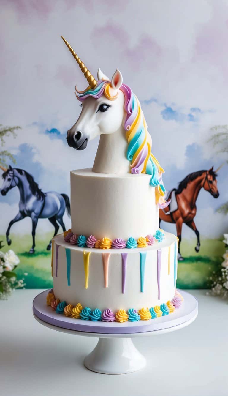 A majestic unicorn horse cake adorned with colorful frosting and edible decorations, set against a backdrop of whimsical equestrian-themed elements