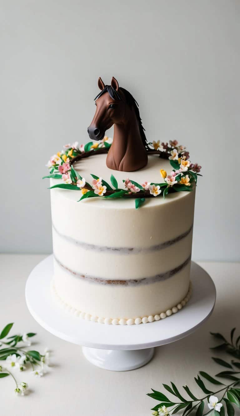 A majestic horse surrounded by a wreath of colorful blossoms on top of a beautifully decorated cake