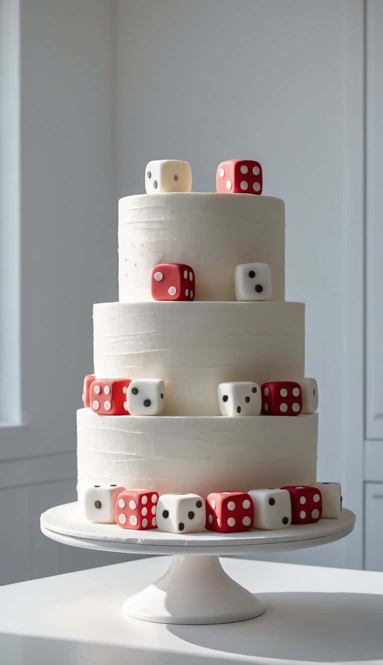 A three-tiered white cake decorated with red and white dice, displayed on a white cake stand in a bright room.