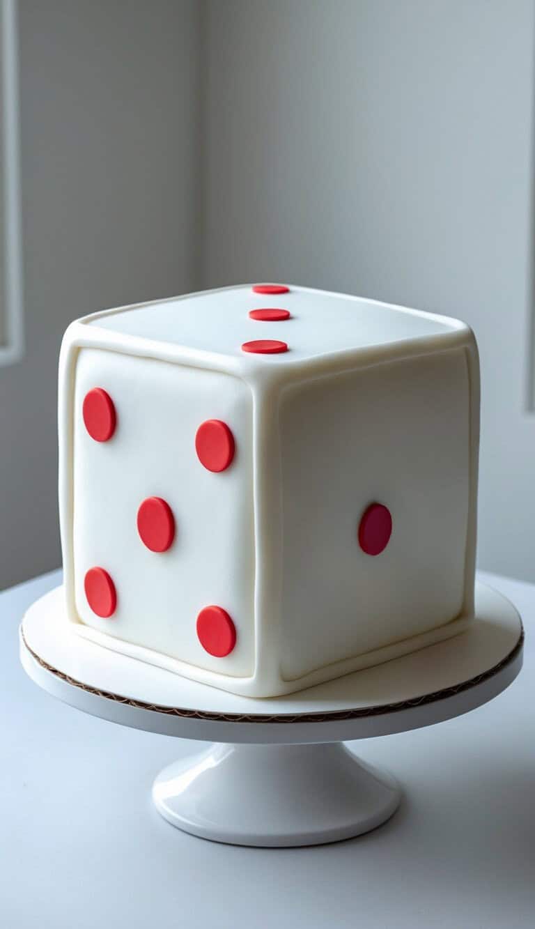 A cake shaped like a white die with red dots, displayed on a white cake stand in a bright room.