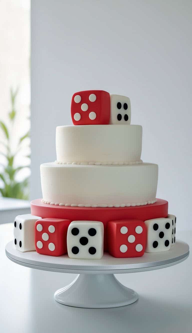 Three-tier white cake decorated with red and white fondant dice, sitting on a white cake stand in a bright room with a blurred green plant in the background.