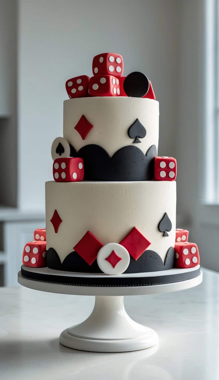 A two-tiered cake decorated with red and black playing card suits, red dice, and poker chips, sitting on a white cake stand in a bright room.