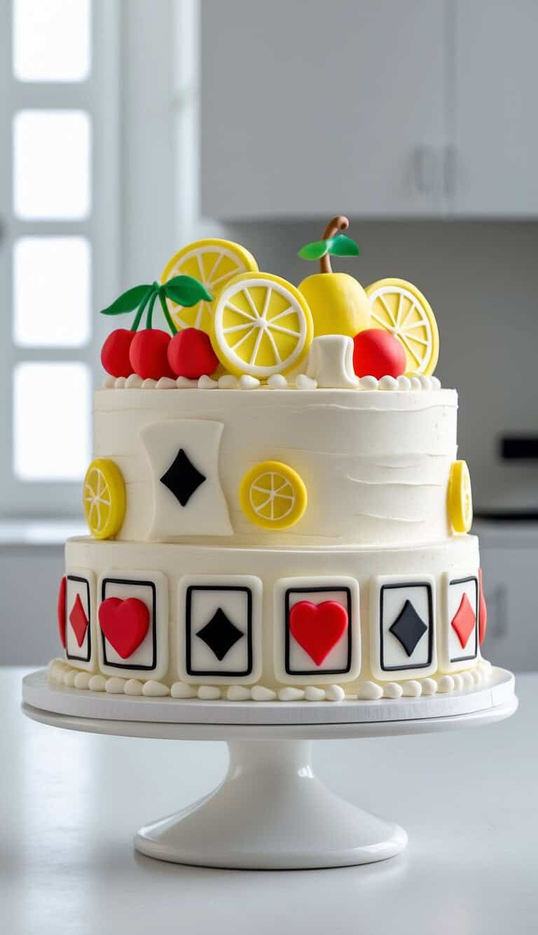 A two-tiered white cake decorated with playing card suit symbols and fruit shapes, including lemons and cherries, displayed on a white cake stand in a bright kitchen.