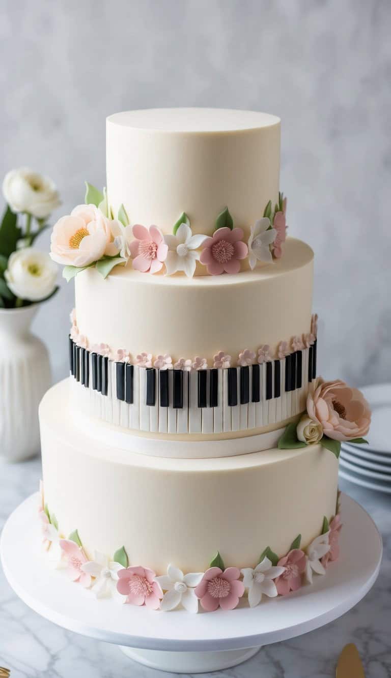 A three-tiered white cake decorated with pink and white flowers and a piano keyboard design around the middle tier, set on a white cake stand with a vase of white flowers in the background.