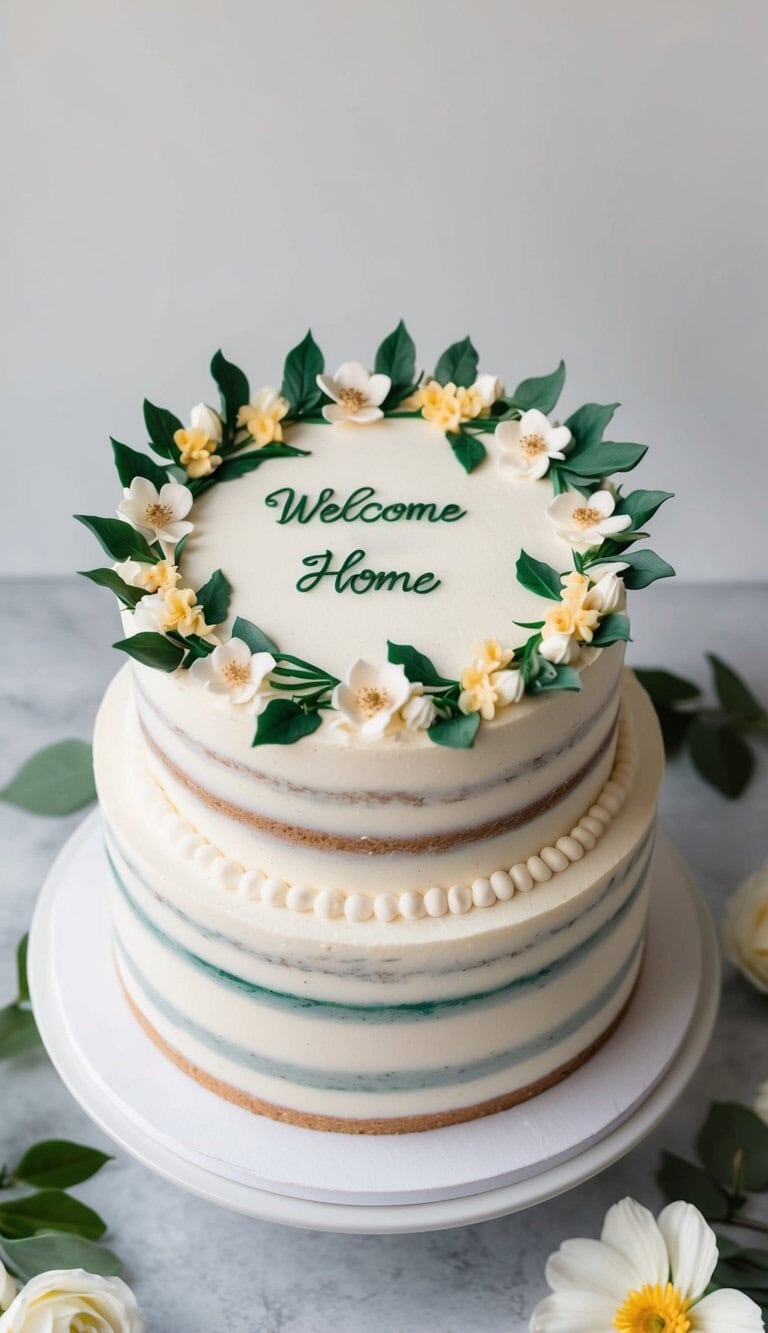 A two-tiered white cake with green-striped sides, decorated with a wreath of green leaves and white and yellow flowers on top. The words "Welcome Home" are written in green icing in the center.