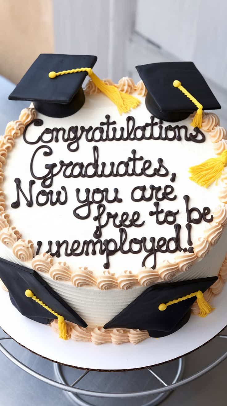 A round graduation cake decorated with four black fondant mortarboards and the message: "Congratulations Graduates, Now you are free to be... unemployed!" written in chocolate icing.