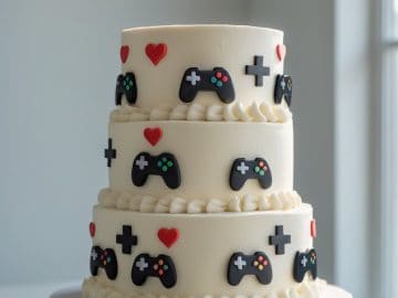 A three-tiered white cake decorated with fondant video game controllers and red hearts, displayed on a white cake stand in a bright room.