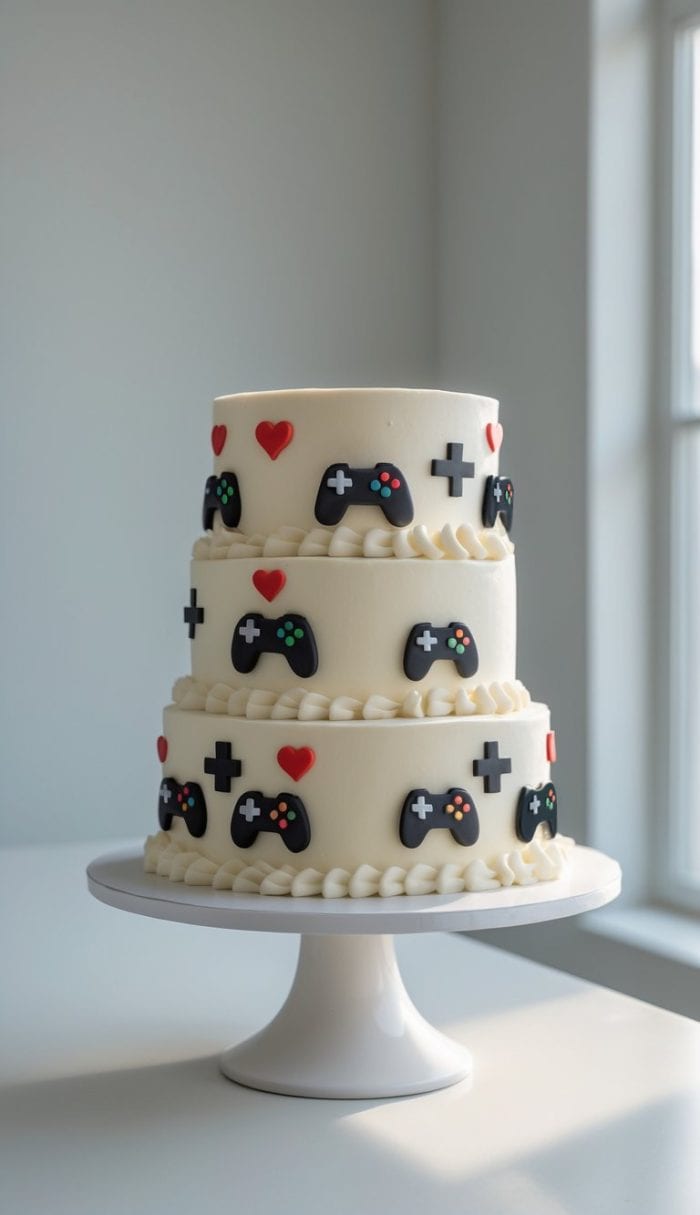 A three-tiered white cake decorated with fondant video game controllers and red hearts, displayed on a white cake stand in a bright room.