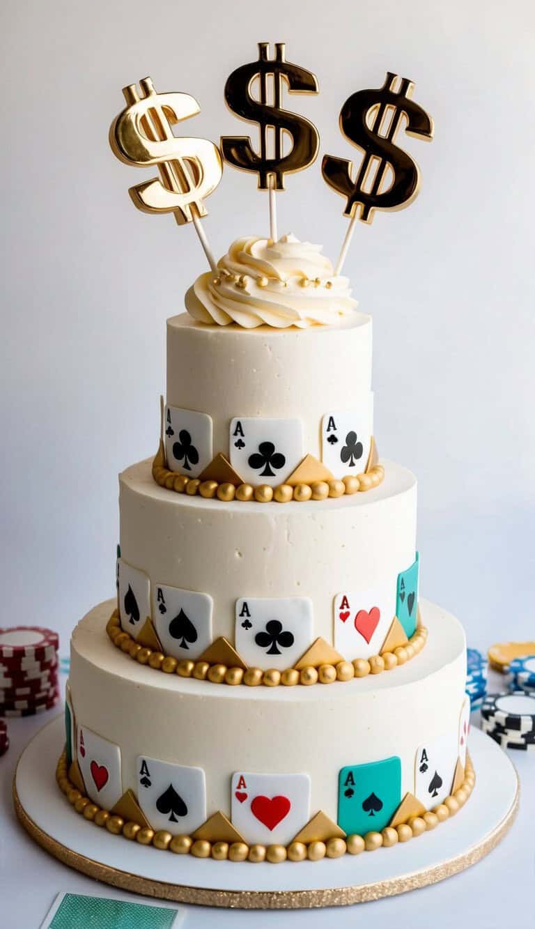 A three-tier white cake decorated with playing cards and gold beads, topped with three gold dollar sign toppers. Poker chips and playing cards surround the cake on the table.